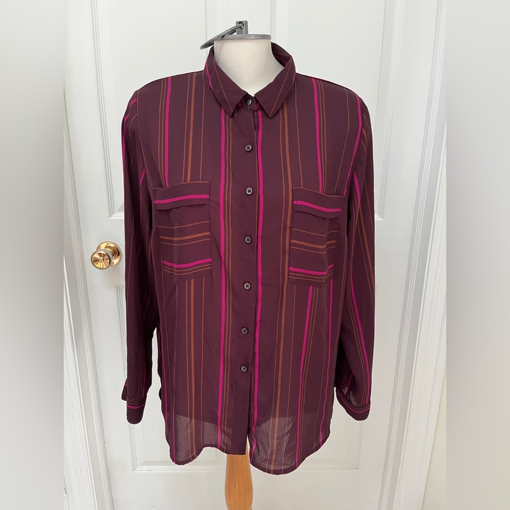 Apt 9 Striped Burgundy and Pink Button-Up blouse ladies XL